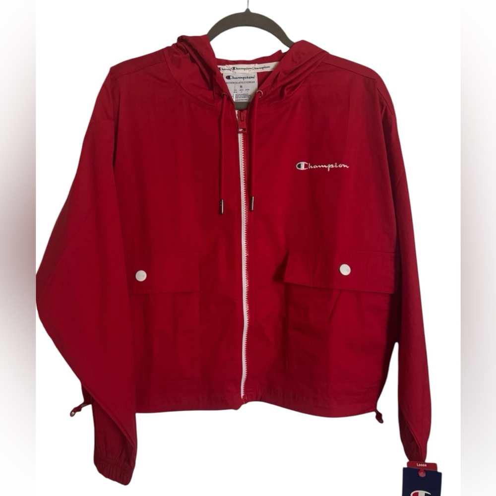 Champion windbreaker jacket in red with white trim and hood. NWT